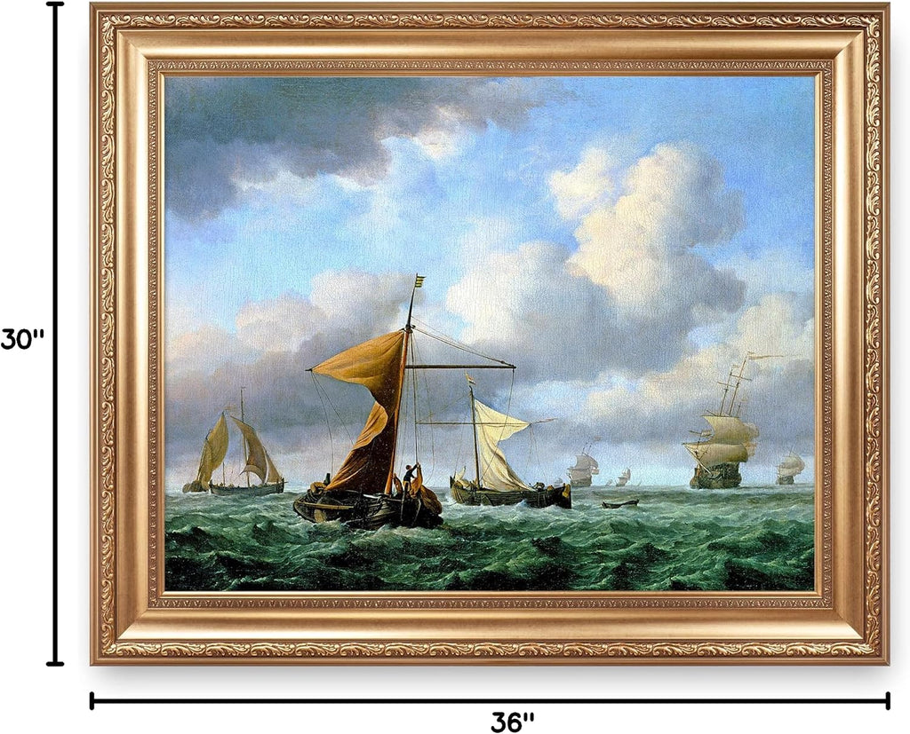 A Brisk Breeze by Willem van de velde Warship Painting Reproductions Framed Size:36x30 inches,Image Size:30x24 inches World Classic Reproductions For HomeDecor,Gold Frame