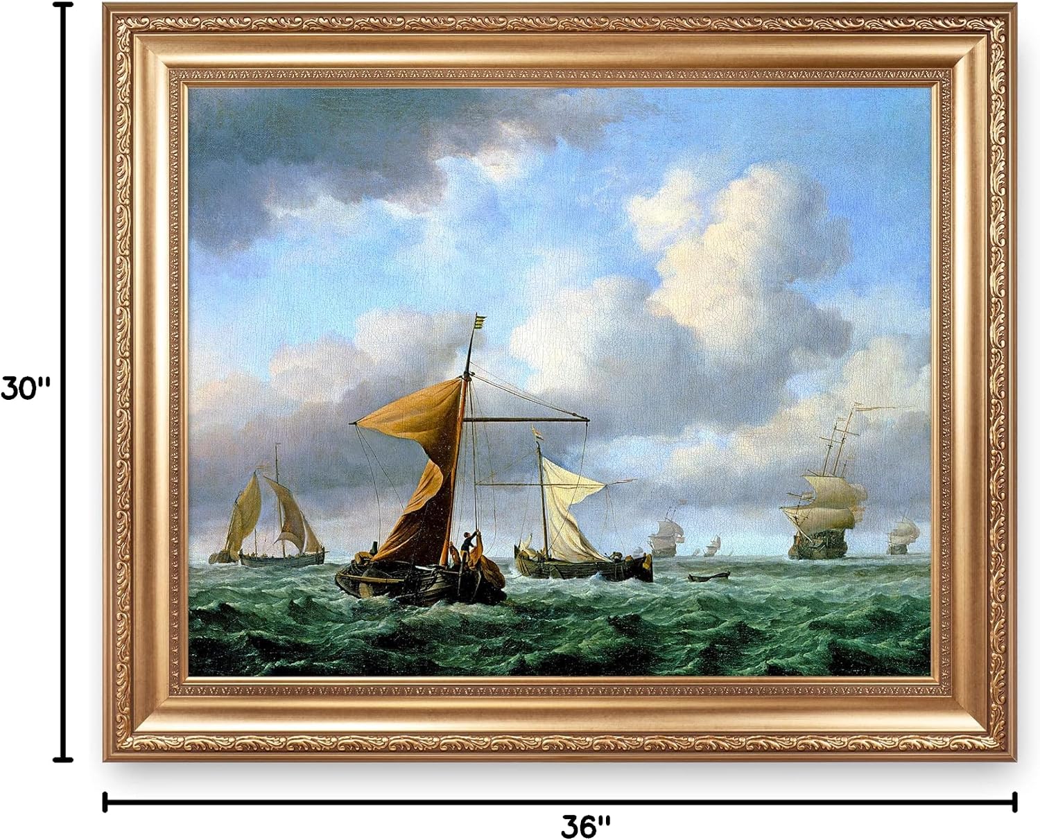 A Brisk Breeze by Willem van de velde Warship Painting Reproductions Framed Size:36x30 inches,Image Size:30x24 inches World Classic Reproductions For HomeDecor,Gold Frame