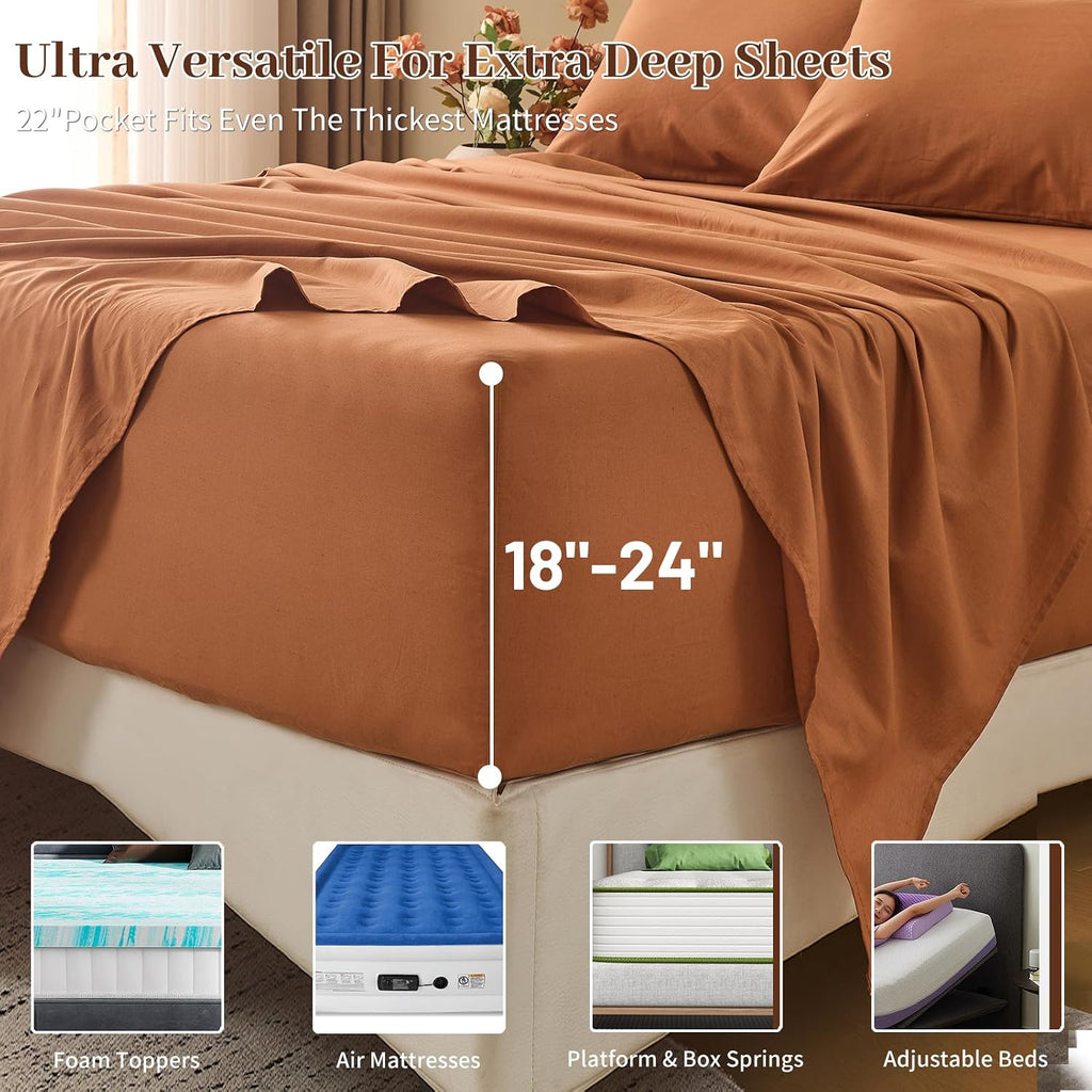 MEISHANG 100% French Pure Linen Sheets King Size - Extra Deep Pocket Sheet Set, Soft Durable Flax Linen, Anti-Tear Breathable & Oeko-Tex Certified 18-24 Deep Pocket,All Season(Brown)