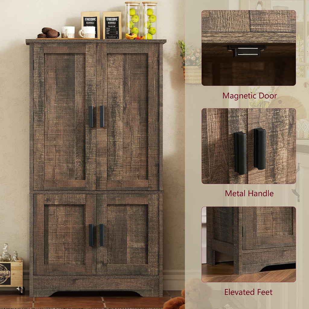 TEENFON Storage Cabinet with 4 Doors, 43.3' H Farmhouse Kitchen Cabinet with 6 Door Shelves, Kitchen Storage Cabinets with Adjustable Shelves, for Living Room, Antique Oak