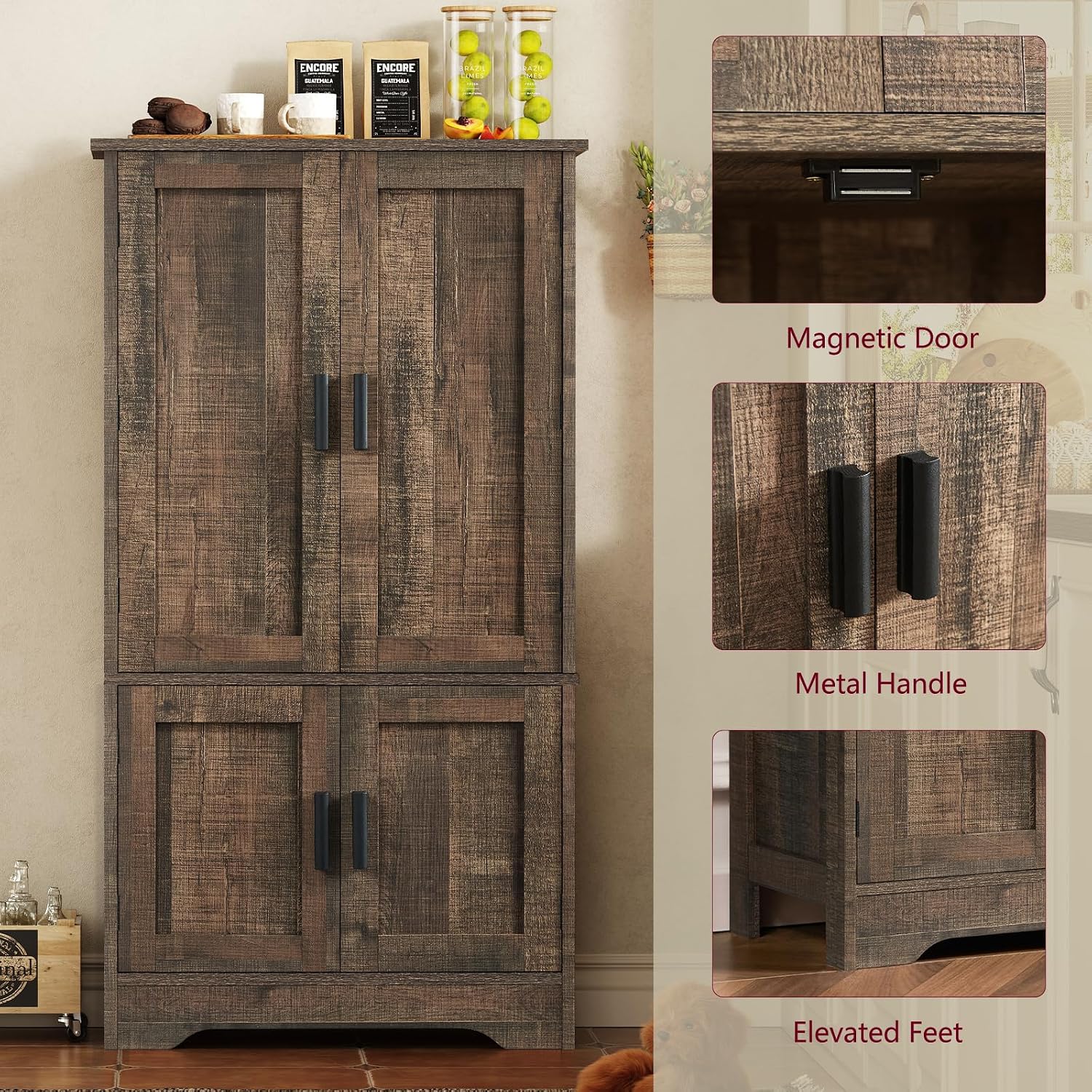 TEENFON Storage Cabinet with 4 Doors, 43.3' H Farmhouse Kitchen Cabinet with 6 Door Shelves, Kitchen Storage Cabinets with Adjustable Shelves, for Living Room, Antique Oak