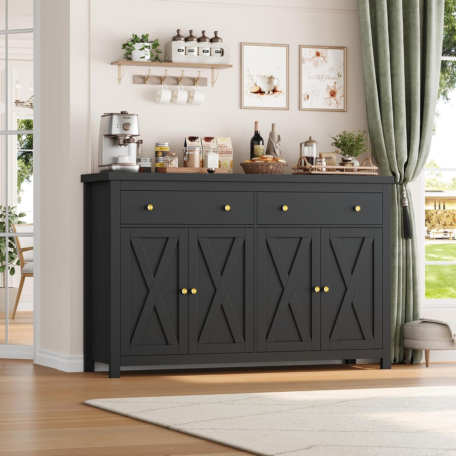 FOTOSOK Sideboard Buffet Cabinet with Storage, 55' Large Kitchen Storage Cabinet with 2 Drawers and 4 Doors, Wood Coffee Bar Buffet Table for Kitchen Dining Room, Black