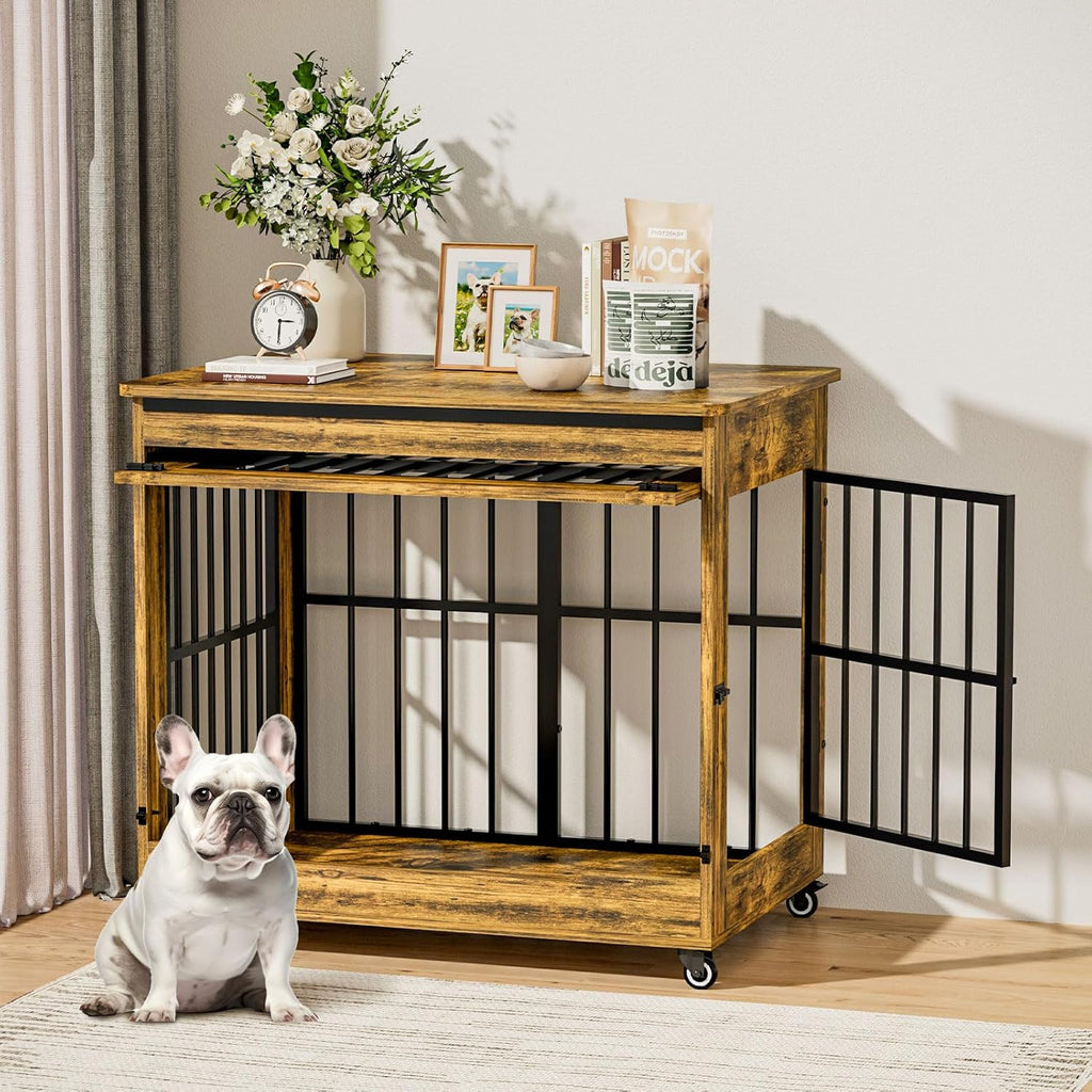 38' Dog Crate Furniture, Double Door Wooden Indoor Dog Kennel Furniture, Decorative Pet Cage End Table with Wheels for Large and Medium Breed Dogs, Size L, Rustic Brown