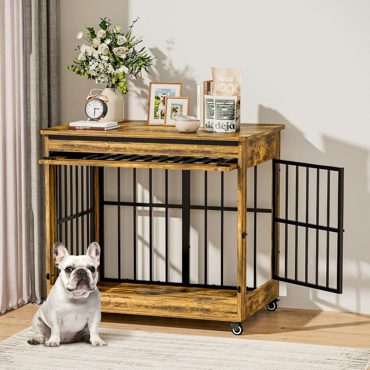 38' Dog Crate Furniture, Double Door Wooden Indoor Dog Kennel Furniture, Decorative Pet Cage End Table with Wheels for Large and Medium Breed Dogs, Size L, Rustic Brown