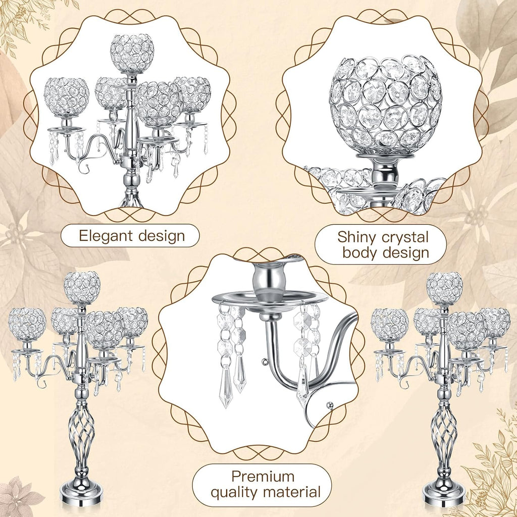 Nitial 8 Pcs 5 Arm Crystal Candelabra Centerpieces for Table 27 Inch Retro Victorian Crystal Candle Holders Bowl Table Centerpieces Decor for Wedding Banquet Valentine Dinner Party Event (Silver)