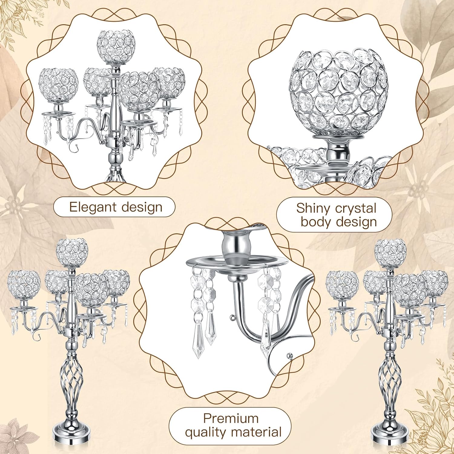 Nitial 8 Pcs 5 Arm Crystal Candelabra Centerpieces for Table 27 Inch Retro Victorian Crystal Candle Holders Bowl Table Centerpieces Decor for Wedding Banquet Valentine Dinner Party Event (Silver)