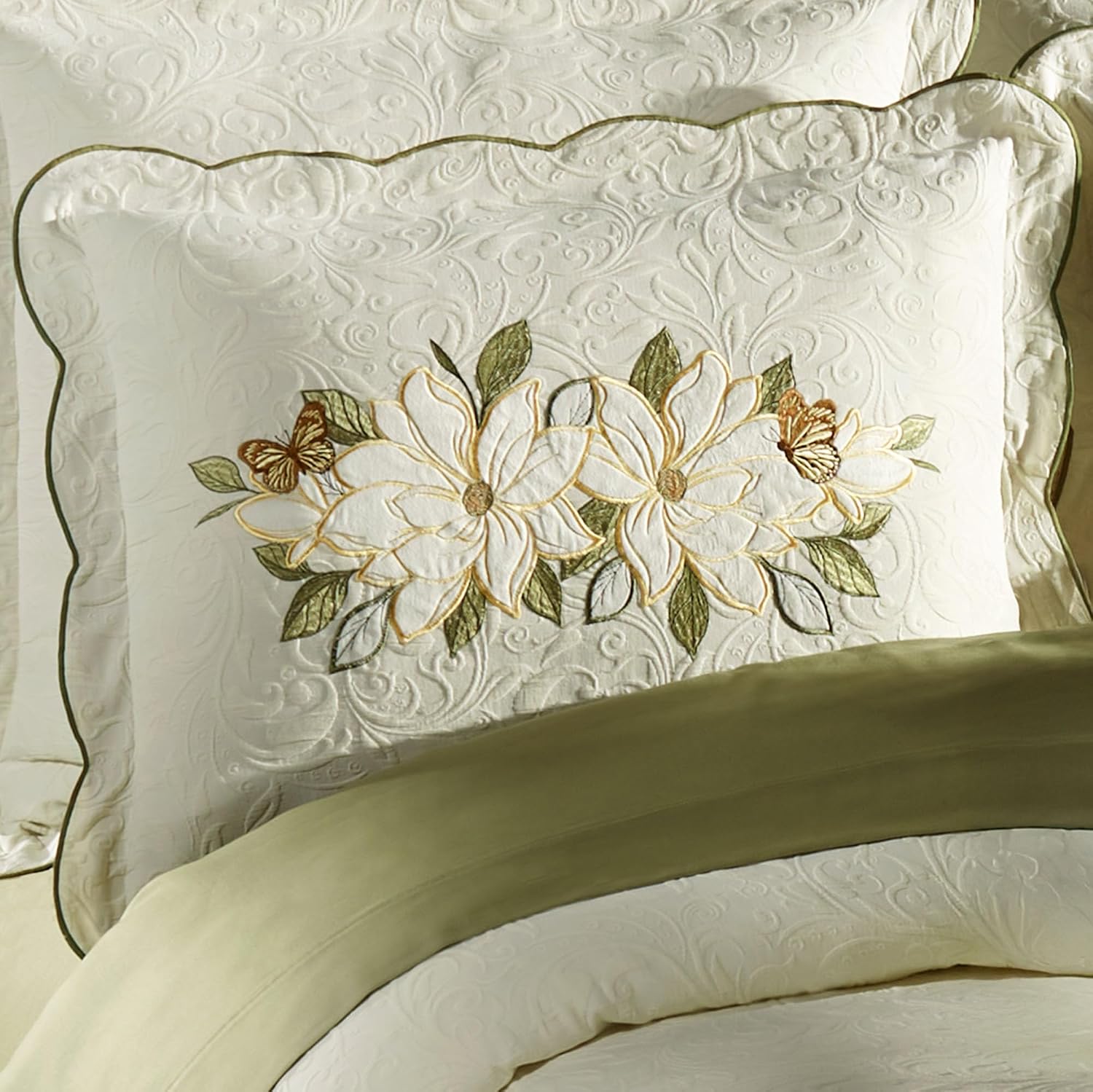 Sweetbay Garden Luxury Matelasse Bedding | Magnolia Flower, Butterfly, & Leaf Velvet Appliques | 4-Pc Ivory Textured Scroll Lightweight Bed Set: Oversized Full Coverlet, Bedskirt, & 2 Standard Shams