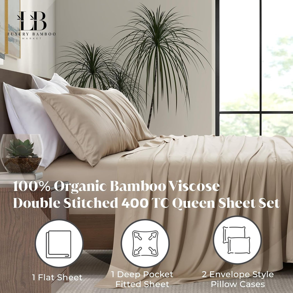 Luxury Bamboo Market | Queen Size Bed Sheet Set | 100% Viscose Made from Bamboo | Organically Grown | Ultra Soft | Cooling Sheets for Hot Sleepers | 17' Deep Pocket [Dune]