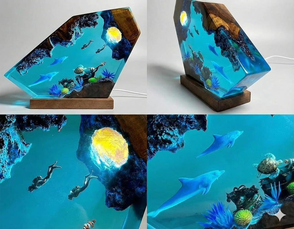 3D Resin Night Light,Ocean Theme LED Lighting epoxy Resin Decorative Light with Wooden Base, Suitable for Home Office Desk Decoration, is a Creative Birthday Gift for Women and Men.
