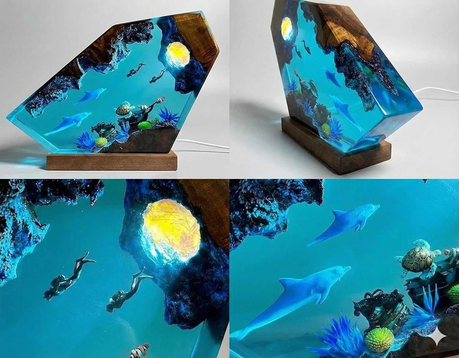 3D Resin Night Light,Ocean Theme LED Lighting epoxy Resin Decorative Light with Wooden Base, Suitable for Home Office Desk Decoration, is a Creative Birthday Gift for Women and Men.