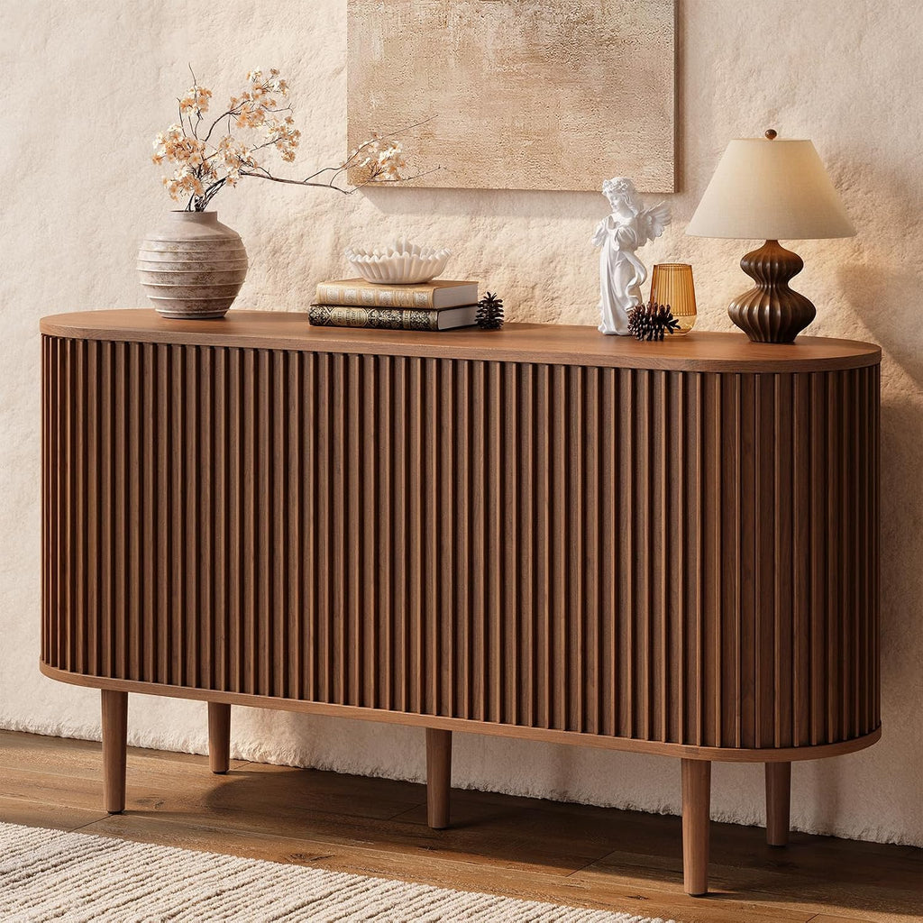 ONBRILL 55' Buffet Sideboard Cabinet with Sliding Doors, Mid-Century Modern Sideboard Buffet Cabinet with Storage & Adjustable Shelves, Accent Coffee Bar Console Table for Kitchen, Entryway, Walnut