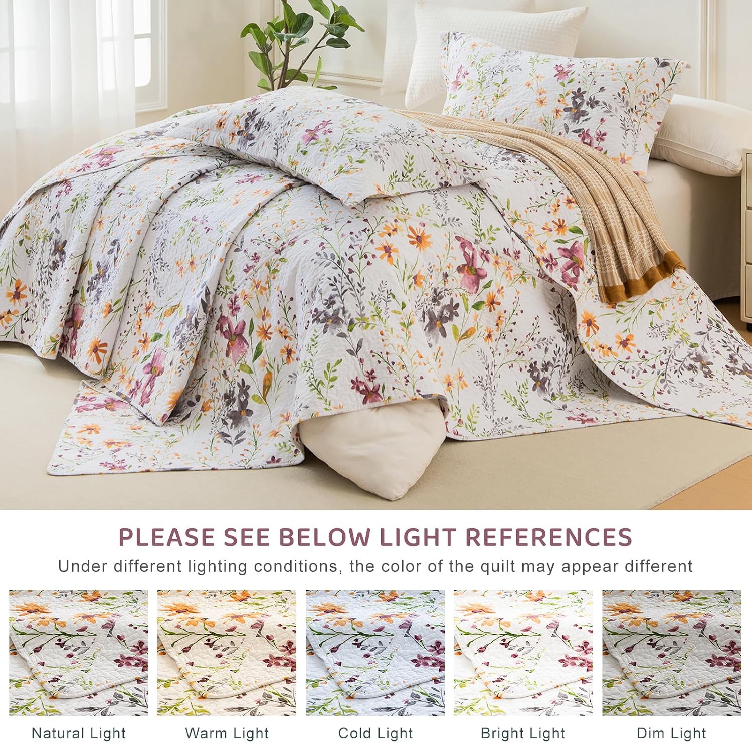 Sanracie Oversized King Bedspread(128'x120'),100% Cotton Floral Quilt Set Extra Wide 3Pcs Lightweight Summer Yellow Wild Flower Botanical Printed Pattern Bedding Coverlet California King Size