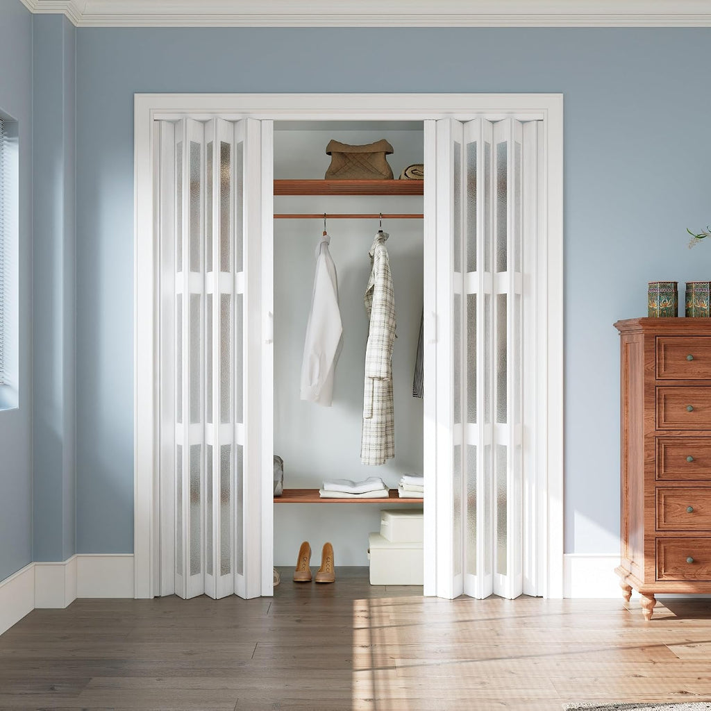 72' x 80' Accordion Door Interior, Arylic Glass Powerful Magnetic Folding Door and Hardware Kit Included, Multifold Bifold Closet Doors for Closet Bathroom Doorway 48-72' x 80'