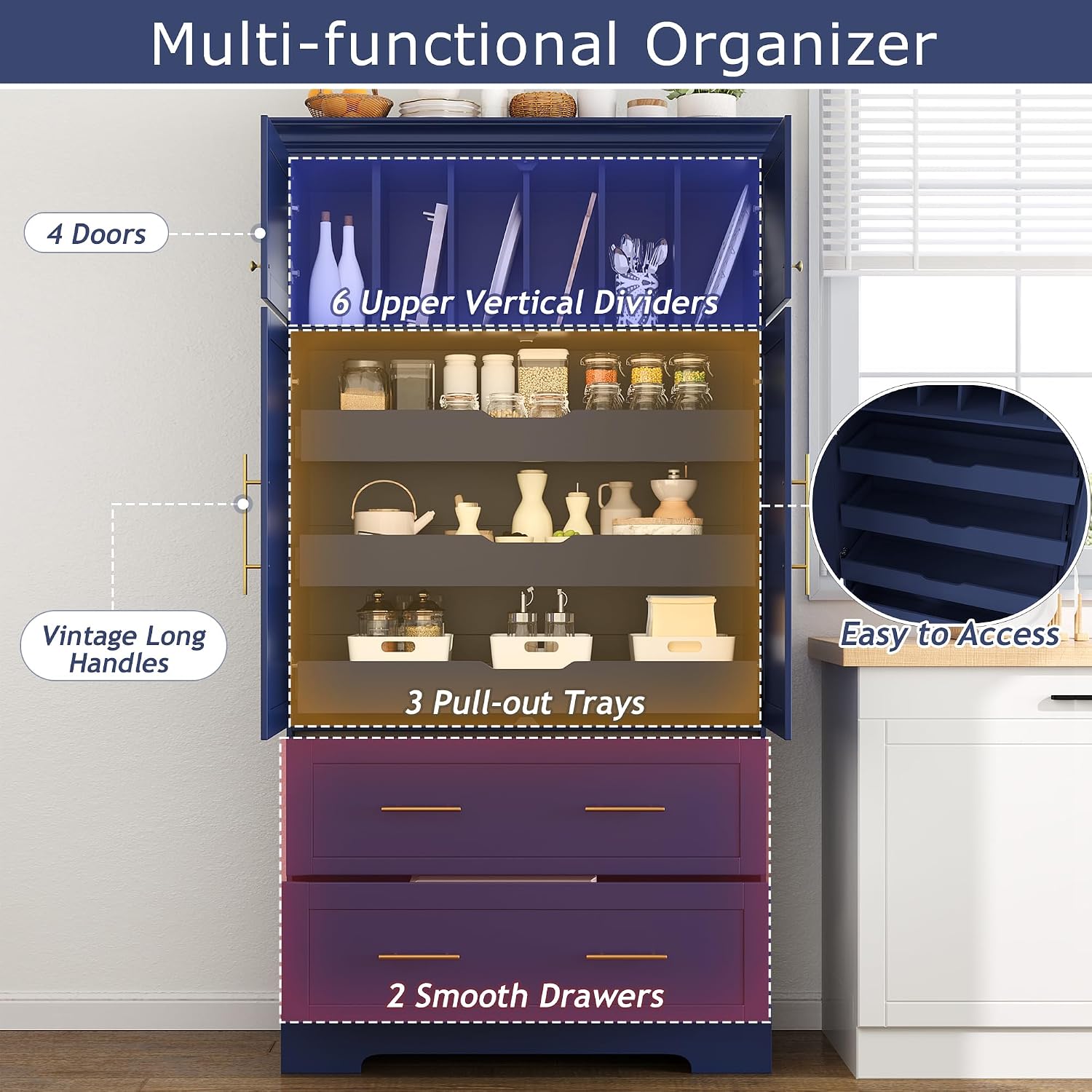 Freestanding Kitchen Pantry Storage Cabinet, 72.6''H Tall Wooden Kitchen Organizers with 2 Doors, Pull-Out Trays, 2 Drawers and Cake Pan Storage for Dining Room Living Room (Blue-1.12)