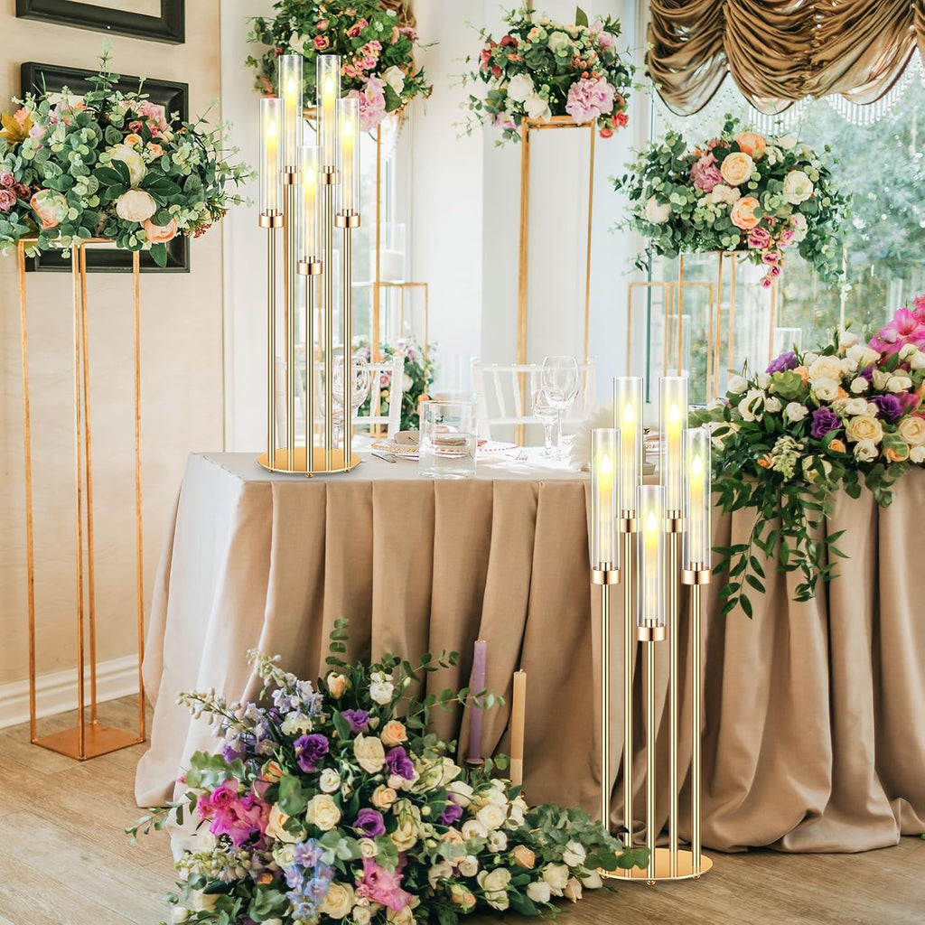 Tandefio 4 Set 5 Arm Gold Candelabra Centerpieces for Table, 35'' Tall Wedding Metal Candlestick Floor Holder Acrylic Clear Lampshades with 20 LED Candles for Wedding Party Event Table Fireplace Decor