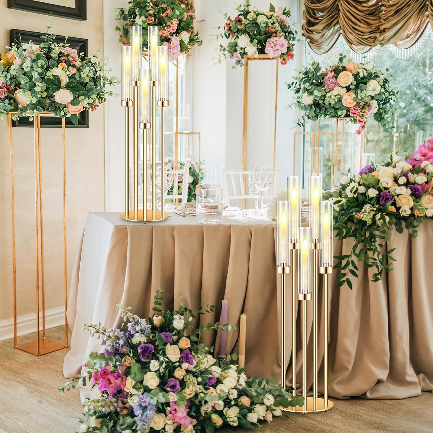 Tandefio 4 Set 5 Arm Gold Candelabra Centerpieces for Table, 35'' Tall Wedding Metal Candlestick Floor Holder Acrylic Clear Lampshades with 20 LED Candles for Wedding Party Event Table Fireplace Decor