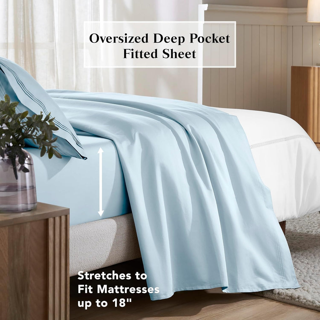 Superior Egyptian Cotton 4 Piece Sheet Set, 650 Thread Count, Modern Design, Sustainable Sheets, Ultra-Soft Basics, Solid, Deep Pocket Fitted Sheet, Flat Sheet, Pillowcases, Queen, Baby Blue