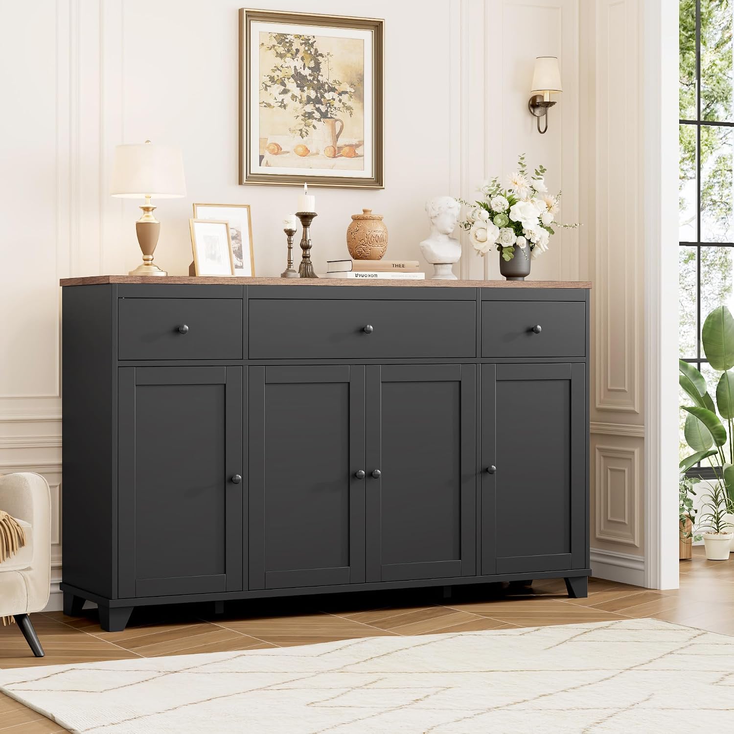 HIFIT 55' Large Kitchen Buffet Cabinet with Storage Drawers, Farmhouse Sideboard Buffet Table Storage Cabinet with Doors and Shelves, Wood Coffee Bar Cabinet for Kitchen Dining Living Room, Black