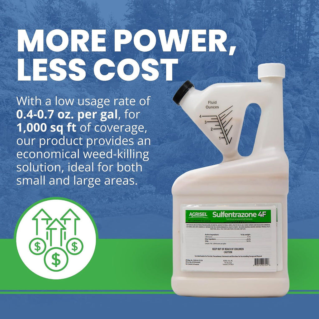 Agrisel Sulfentrazone 4F Weed Killer, Pre-Emergent and Post-Emergent, Broad-Spectrum Control, Stops 100+ Weeds, Pet Safe, Includes 3-Pack of Agrisel Protective Gloves, 64 Ounces