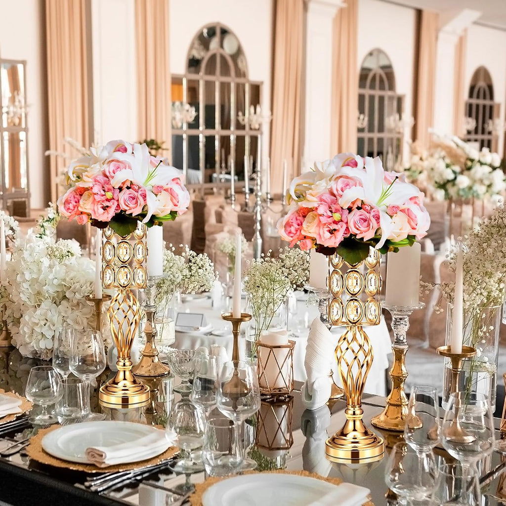 Tatuo 12 Pcs Gold Wedding Centerpiece Vases for Table Crystal Flower Trumpet Metal Flower Vase Stand with Diamond for Wedding Party Reception Dining Room Living Room(20 inch)