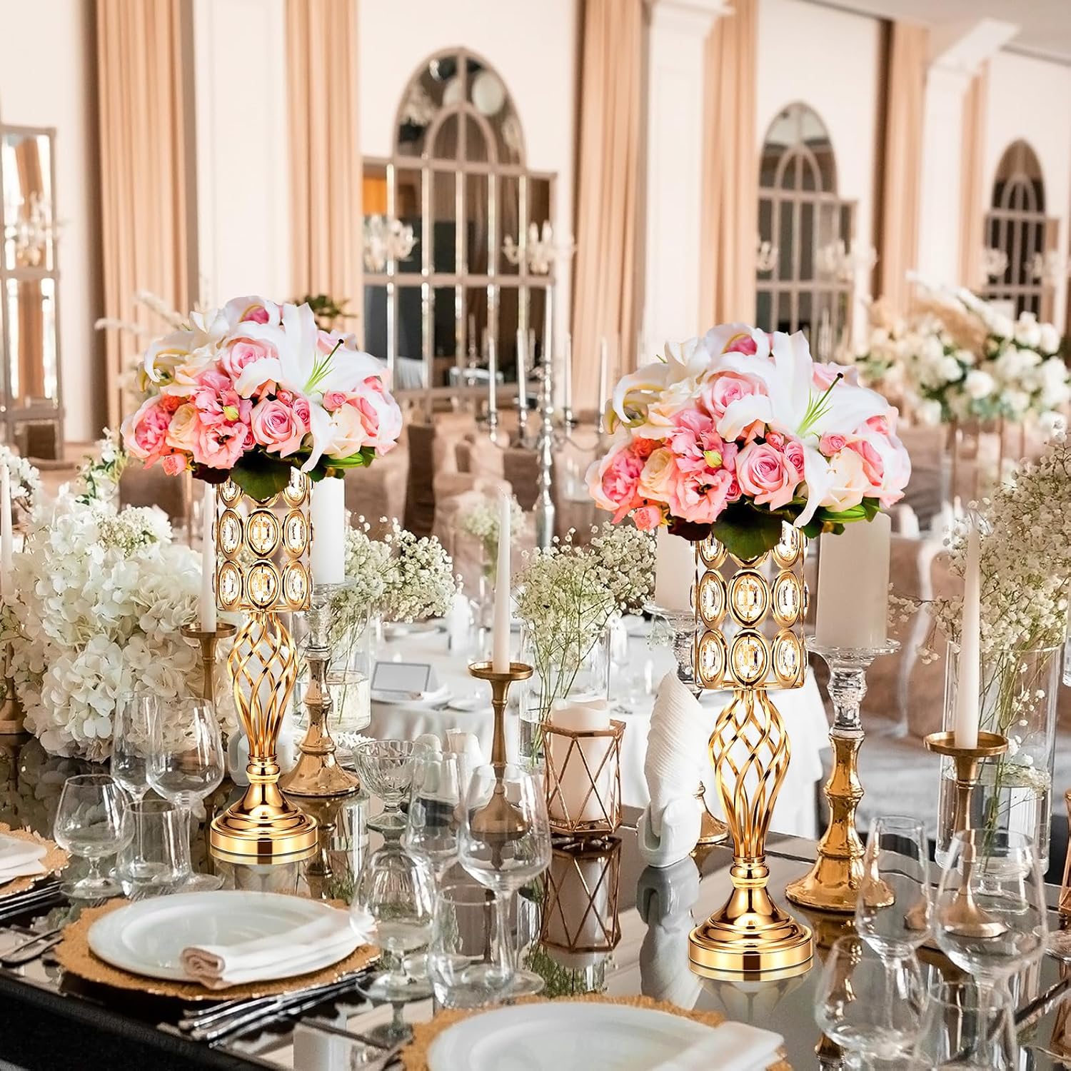 Tatuo 12 Pcs Gold Wedding Centerpiece Vases for Table Crystal Flower Trumpet Metal Flower Vase Stand with Diamond for Wedding Party Reception Dining Room Living Room(20 inch)