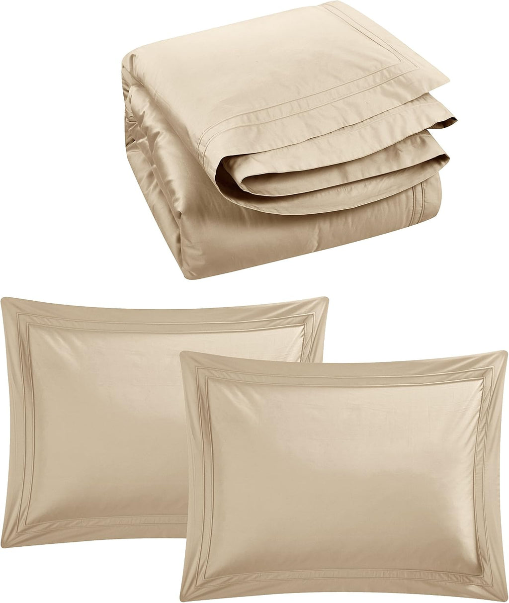 Triomphe Collection 3 Pieces Do Not Include Filling Beige Color Queen Size Duvet Cover Set 100% Egyptian Cotton Sateen 400 Thread Count Luxury Handcraft(Beige,Queen)