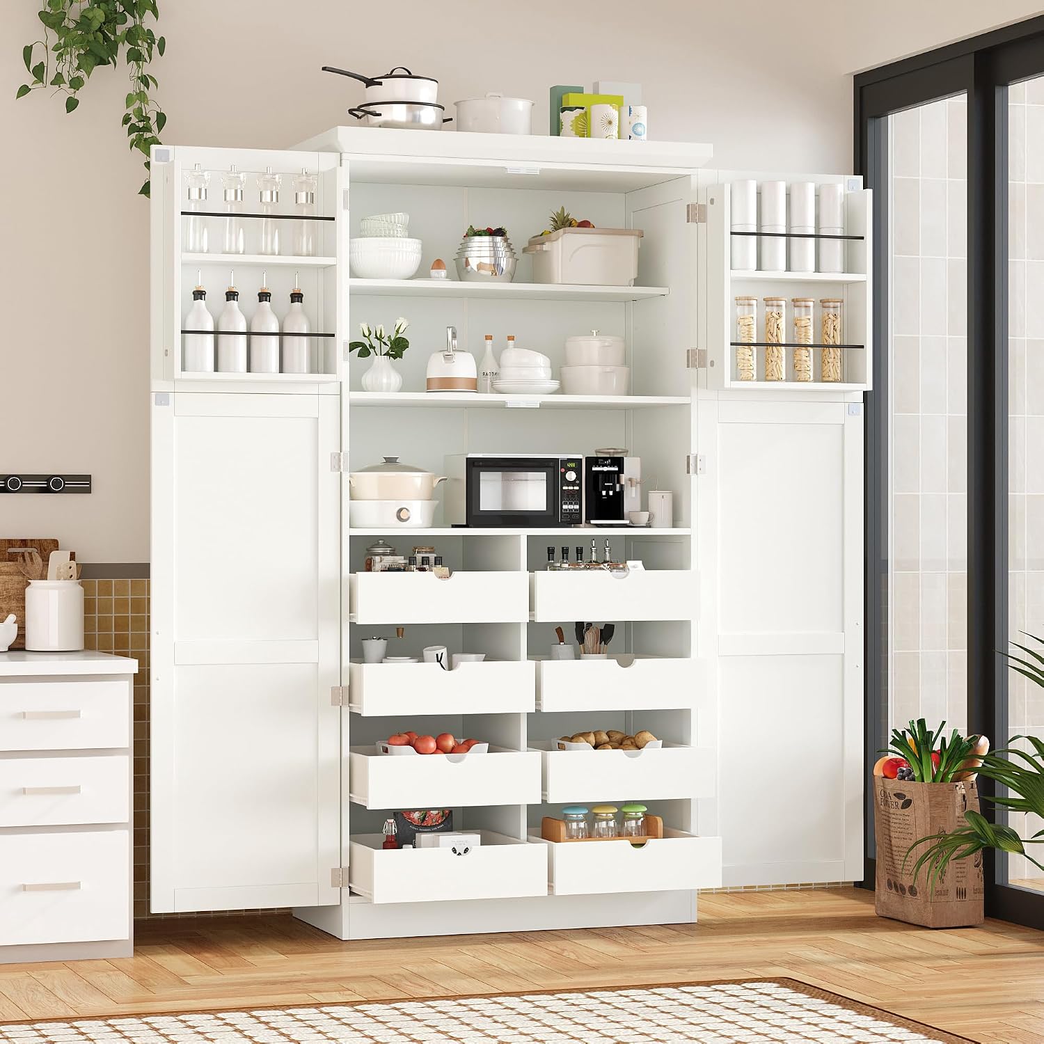 Freestanding Kitchen Pantry Storage Cabinet, 70.9''H Tall Wooden Kitchen Organizers with 4 Doors, 2 Door Shelves, 8 Pull-out Trays and Adjustable Shelf for Dining Room Living Room (White-8.5)