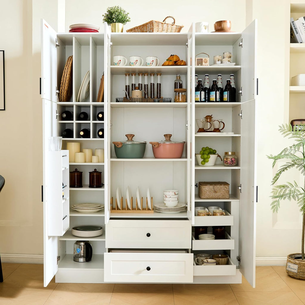 Modern Large Kitchen Pantry with 6 Doors, 53.2''Lx17.7''W Wood Storage Cabinet Cupboard with Drawers, Adjustable Shelves, Pull-Out Trays and Wine Rack for Dining Room (White-4.19)