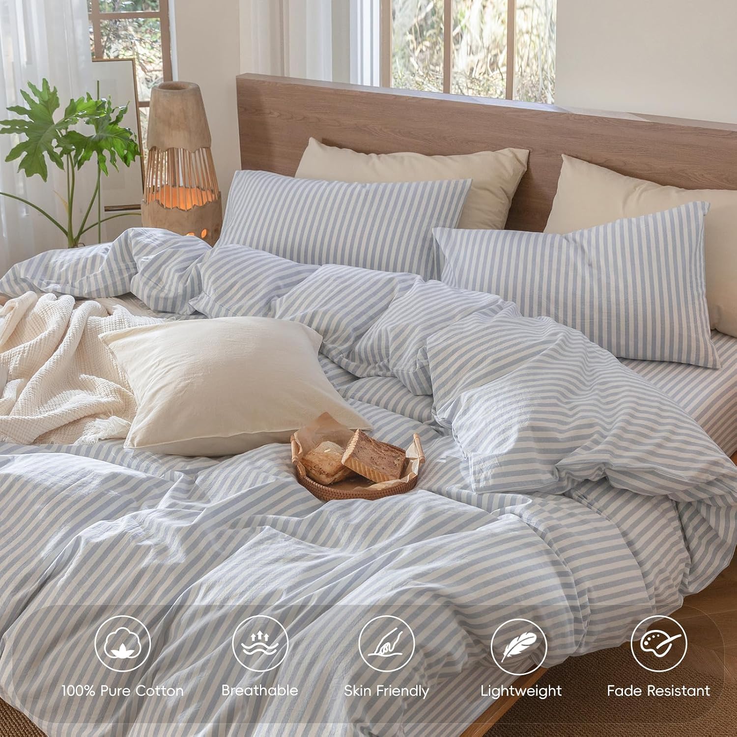 MooMee Striped Duvet Cover Set 100% Washed Cotton Linen Like Textured Breathable Durable Soft Comfy (Cornflower Blue White Classic Stripes, Super King Plus 120'x120')