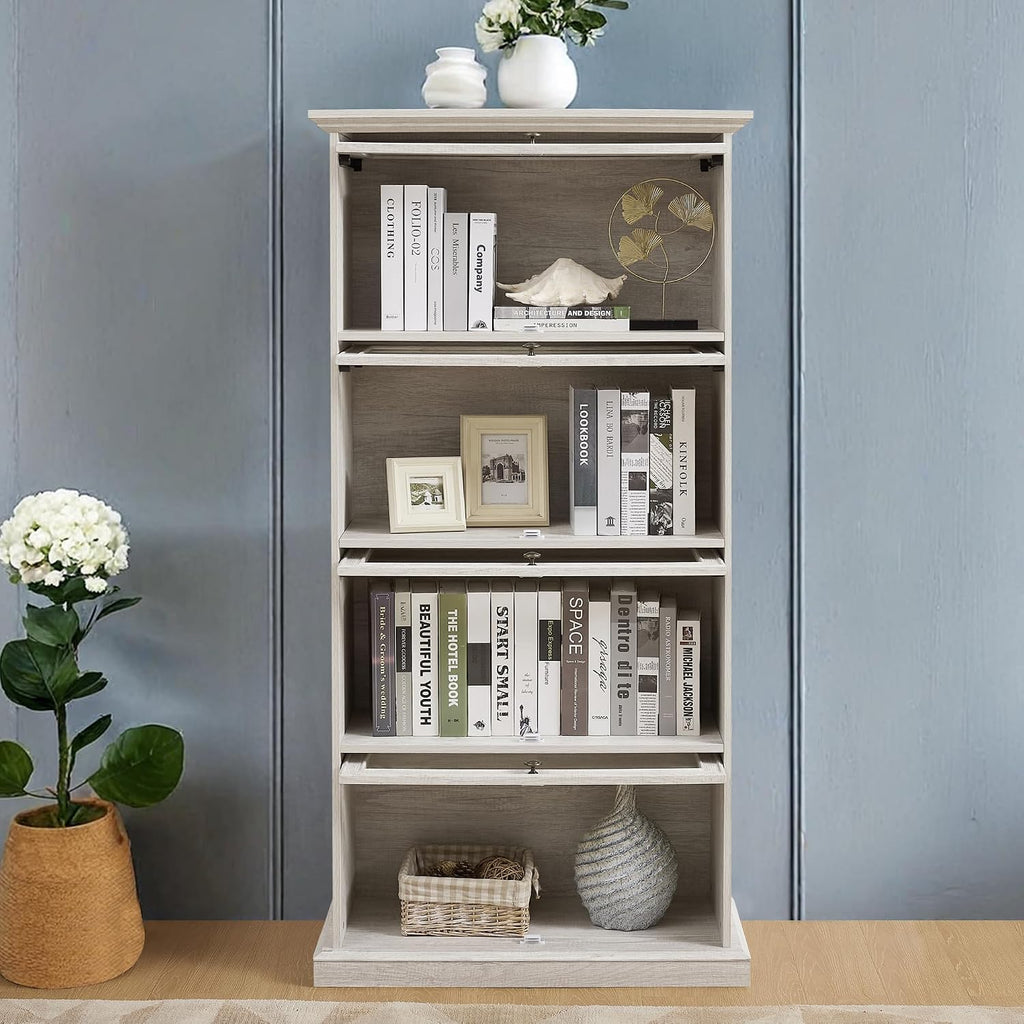 White Display Curio Cabinet with Glass Doors,White Showcase Display Cabinet,Shelves with Flip-Up Glass Doors,Farmhouse Barrister Bookcase