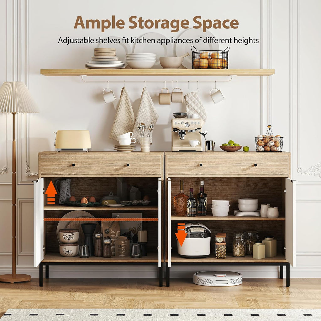 Mericonia Farmhouse Buffet Sideboard Cabinet with Storage, Fluted Coffee Bar with Doors and Adjustable Shelves, Modern Wood Cabinet for Kitchen, Livingroom (Fluted 2 Door, Oak & White)