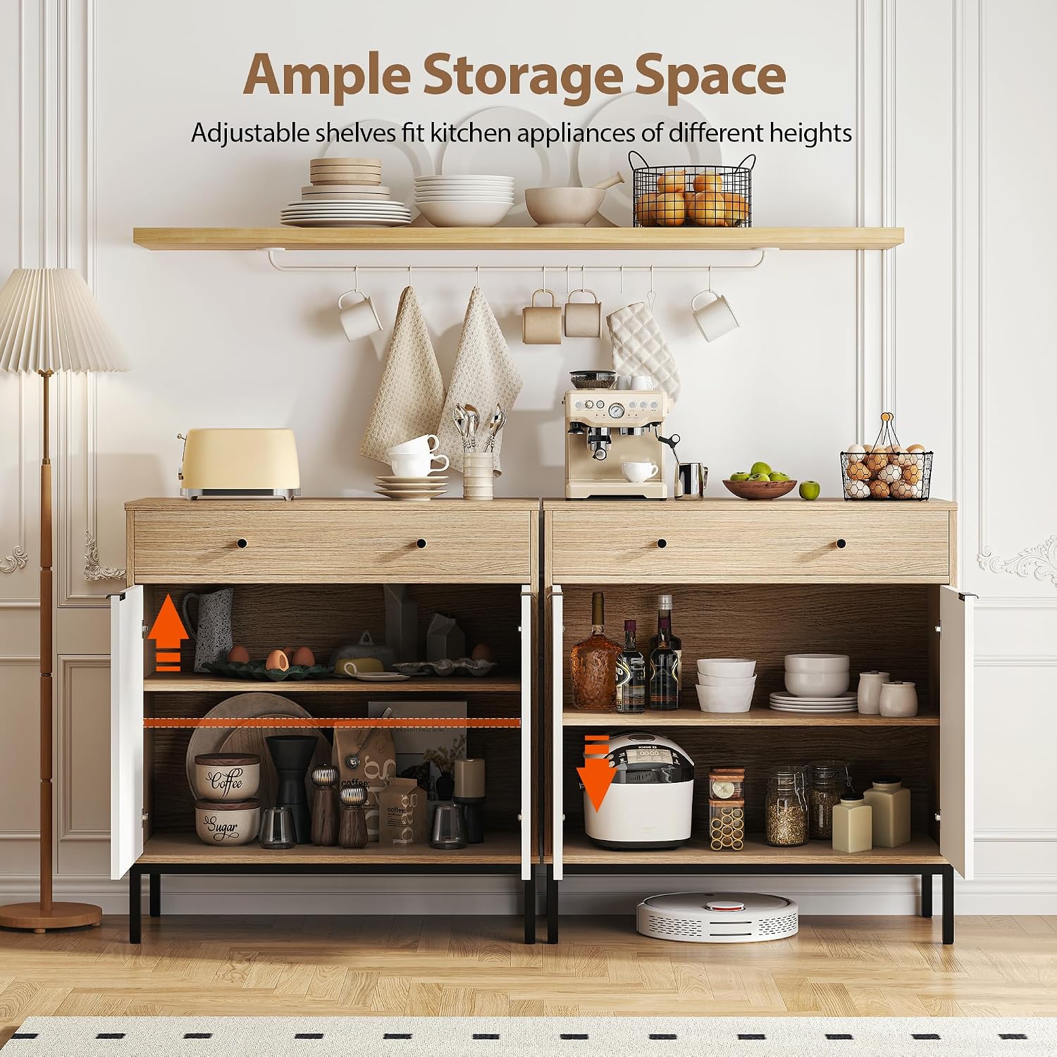Mericonia Farmhouse Buffet Sideboard Cabinet with Storage, Fluted Coffee Bar with Doors and Adjustable Shelves, Modern Wood Cabinet for Kitchen, Livingroom (Fluted 2 Door, Oak & White)