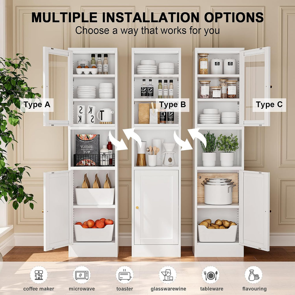 Narrow Glass Door Storage Cabinet Tall Metal Storage Cabinets with 4 Adjustable Shelves Freestanding 5 Tier Slim Pantry Cabinet for Kitchen Office Small Space