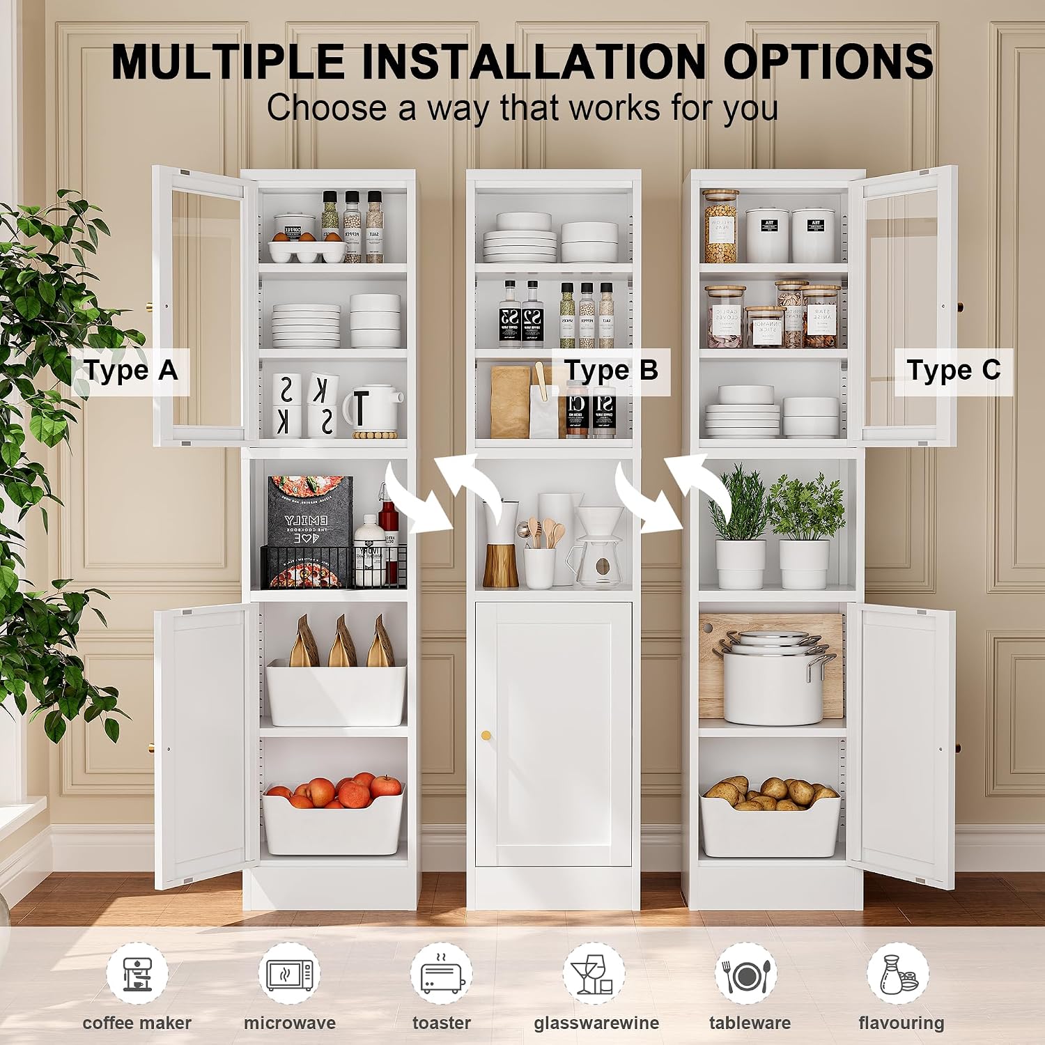 Narrow Glass Door Storage Cabinet Tall Metal Storage Cabinets with 4 Adjustable Shelves Freestanding 5 Tier Slim Pantry Cabinet for Kitchen Office Small Space