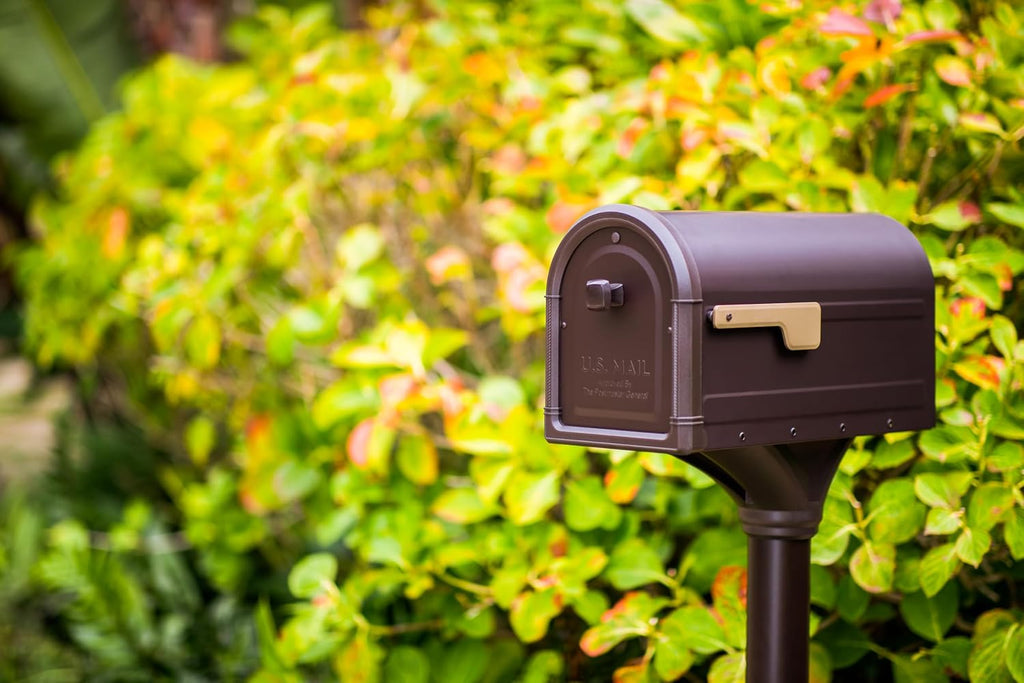 Architectural Mailboxes Roxbury™ Weather-Resistant Steel Metal Mailbox for outside with Post, Rubbed Bronze, Medium Curbside Mailbox with Magnetic Latch, USPS Approved for Residential Delivery