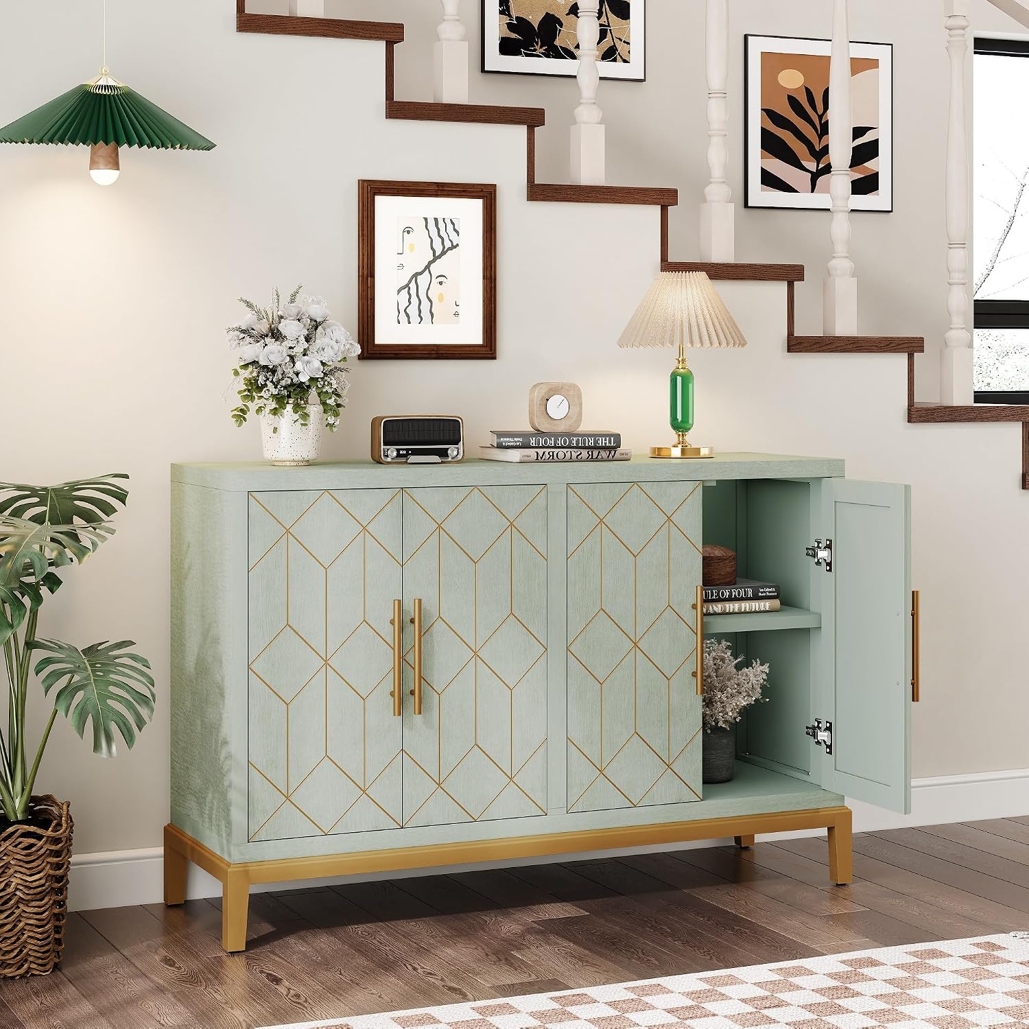 HLR 48' Accent Cabinet with 4 Doors and Shelves, Modern Credenza Storage Cabinet with Gold Trim, Green Buffet Cabinet for Living Room, Kitchen, Dining Room, Hallway