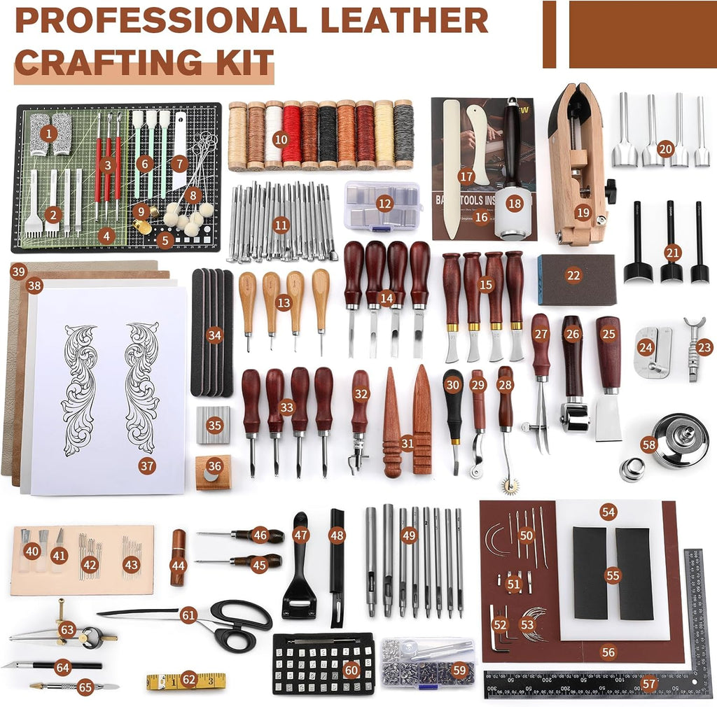 BUTUZE Leather Working Kit, Boxed Leather Tooling Kit, Leather Crafting Tool Kit, Cutting, Punching, Carving, Heavy Duty Leather Sewing Kit Professional Leather Working Tools and Supplies