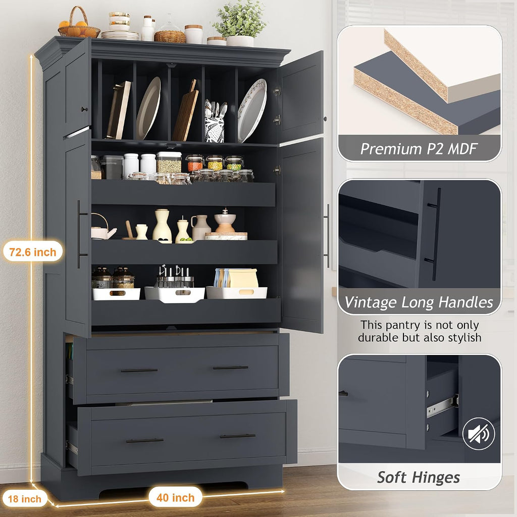 Freestanding Kitchen Pantry Storage Cabinet, 72.6''H Tall Wooden Kitchen Organizers with 2 Doors, Pull-Out Trays, 2 Drawers and Cake Pan Storage for Dining Room Living Room (Grey-1.12)