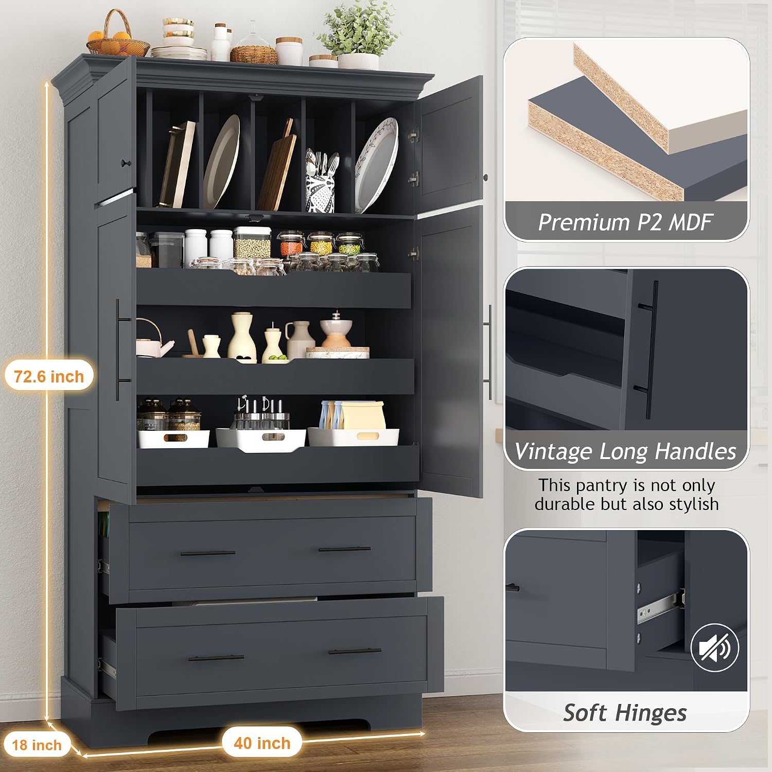 Freestanding Kitchen Pantry Storage Cabinet, 72.6''H Tall Wooden Kitchen Organizers with 2 Doors, Pull-Out Trays, 2 Drawers and Cake Pan Storage for Dining Room Living Room (Grey-1.12)