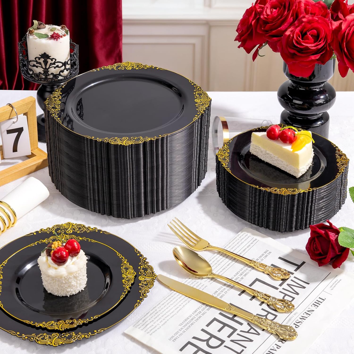 YOUBET 700PCS Black Plastic Plates - Black and Gold Plates - Gold Plastic Dinnerware Set Include 200 Disposable Plate, 300 Heavy Duty Silverware, 100 Cups, 100 Napkins for Wedding & Party