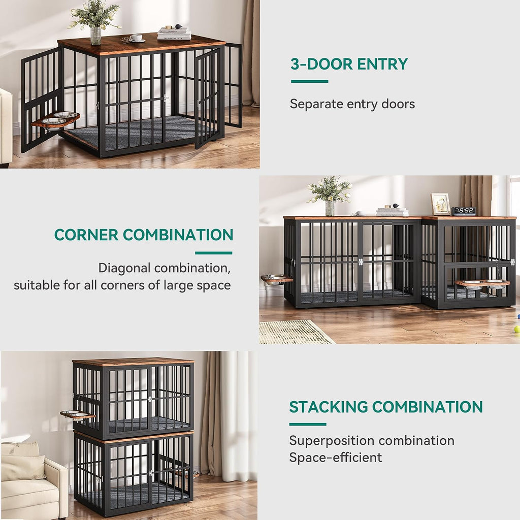 YITAHOME 77.6' Large Corner Dog Crate Furniture for 2 Dogs, Steel Frame Cage with Double Doors & Bowls & 3 Doors, Double Dog Crate Furniture TV Stand for Medium Large Dogs, Brown