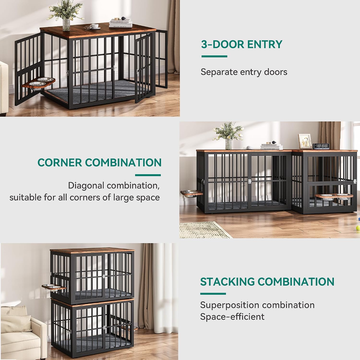 YITAHOME 77.6' Large Corner Dog Crate Furniture for 2 Dogs, Steel Frame Cage with Double Doors & Bowls & 3 Doors, Double Dog Crate Furniture TV Stand for Medium Large Dogs, Brown