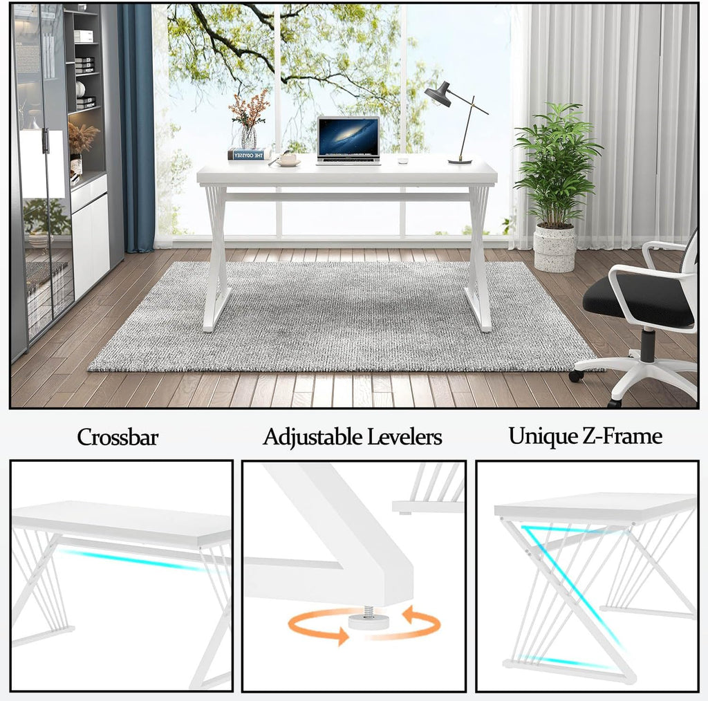 FOLUBAN White Desk, Modern Wood and Metal Computer Desk for Home Office, Simple Writing Work PC Desks for Bedroom, Industrial Study Gaming Table for Living Room, White, 47 Inch
