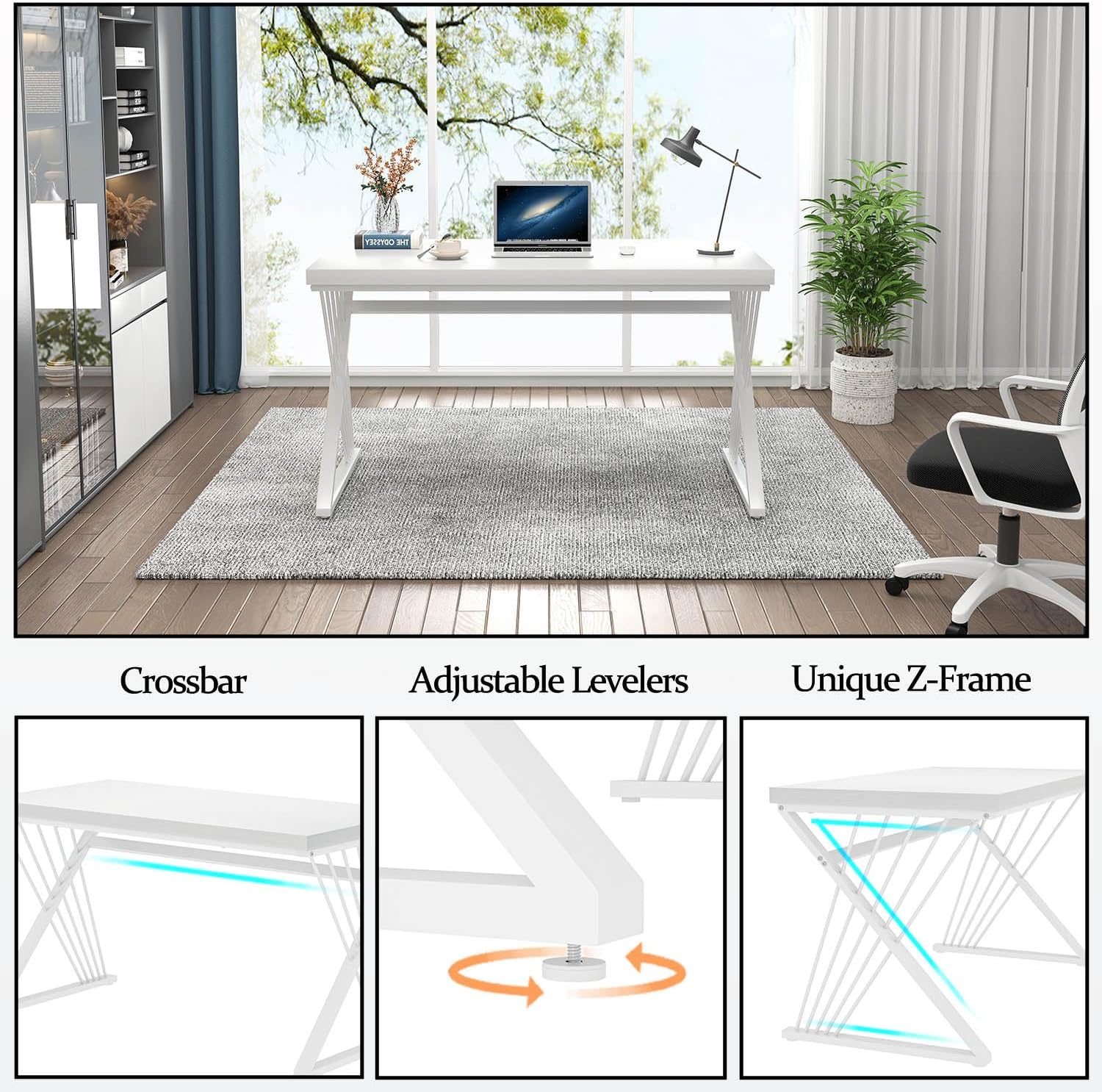 FOLUBAN White Desk, Modern Wood and Metal Computer Desk for Home Office, Simple Writing Work PC Desks for Bedroom, Industrial Study Gaming Table for Living Room, White, 47 Inch