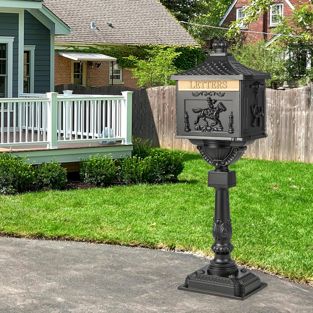 Goplus Mailbox Cast Aluminum with Post, Heavy Duty Locking Security Mail Box for House Outside, Vintage Postal Box with Keys & Baffle Door, Large, Freestanding, Post Mount