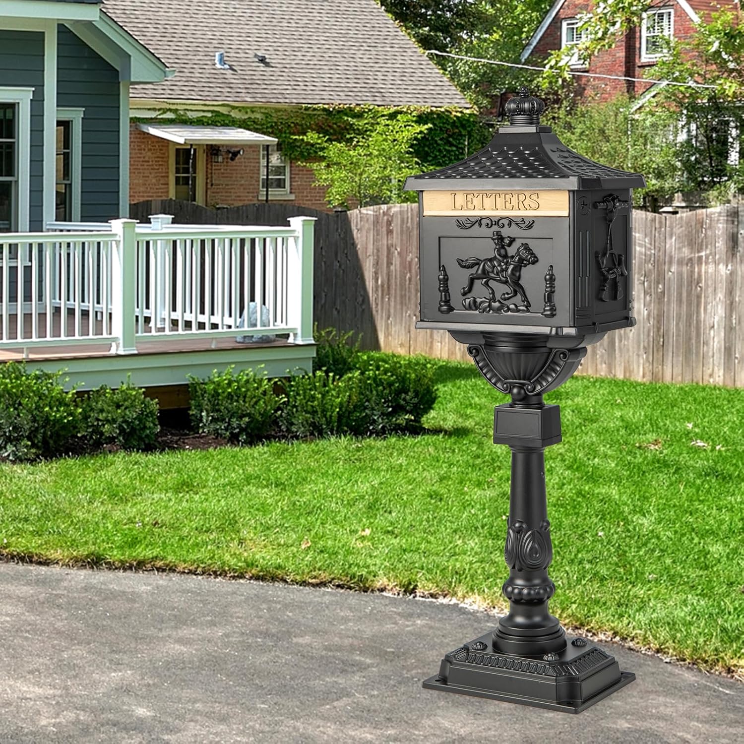 Goplus Mailbox Cast Aluminum with Post, Heavy Duty Locking Security Mail Box for House Outside, Vintage Postal Box with Keys & Baffle Door, Large, Freestanding, Post Mount