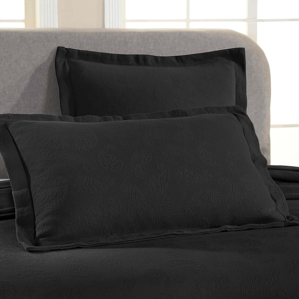 Superior Paisley Cotton 3 Piece Bedspread Set, Home Bed Decor, Decorative Textured Bed Spread, 2 Pillow Shams, Airy Blanket, Matelasse Coverlet Bedding, Vintage Floral Design, Queen, Black