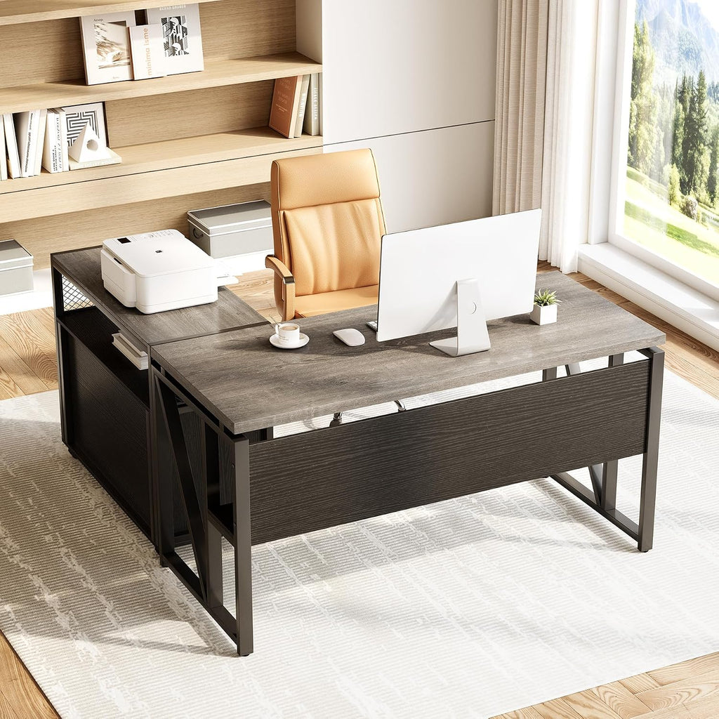 LITTLE TREE 55' Executive Computer Desk and Lateral File Cabinet, L-Shaped Office Desk for Home Office, Furniture Set, Grey