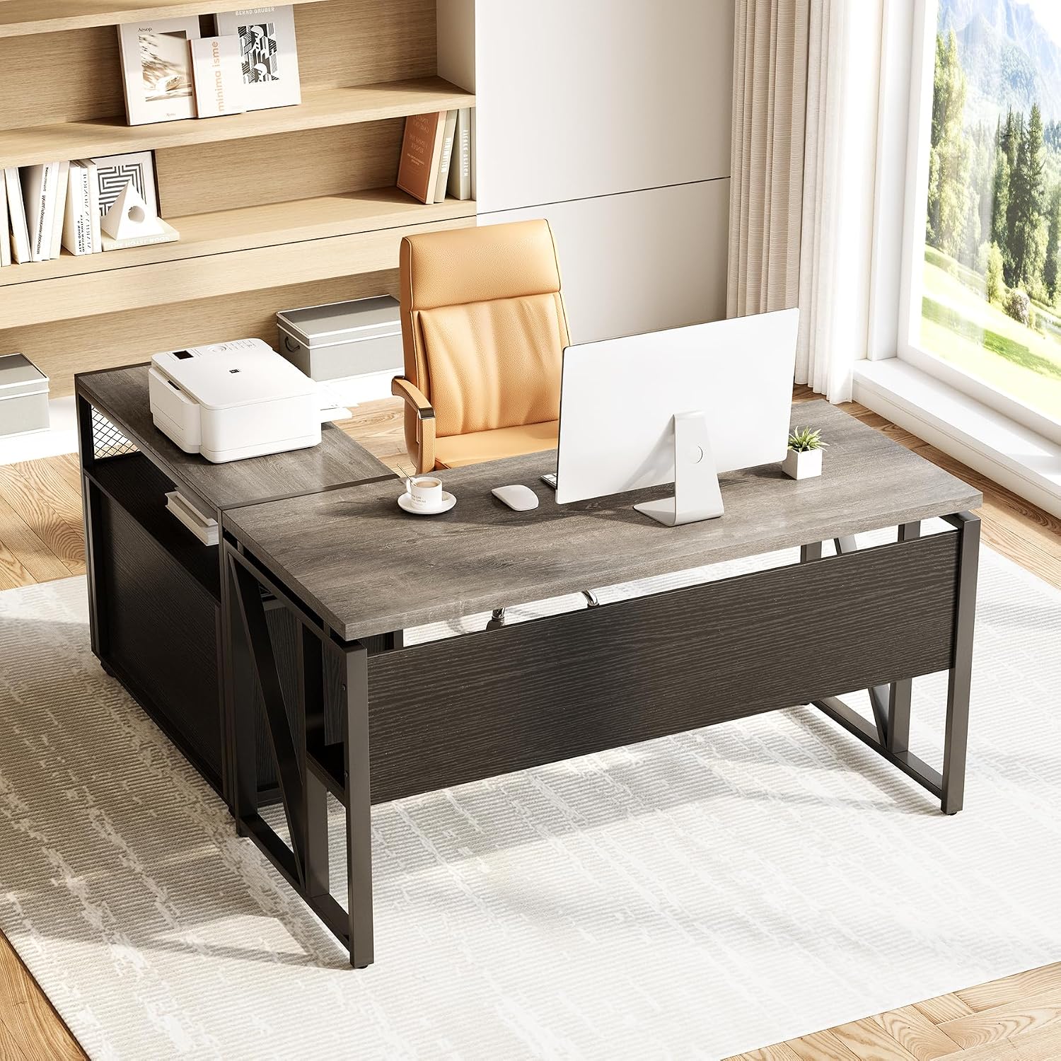 LITTLE TREE 55' Executive Computer Desk and Lateral File Cabinet, L-Shaped Office Desk for Home Office, Furniture Set, Grey