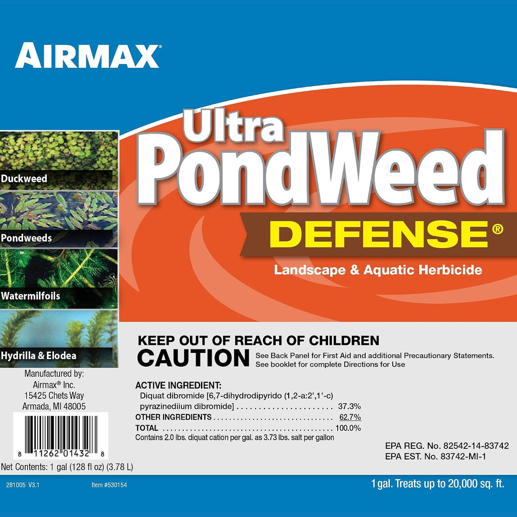 Airmax Ultra Pondweed Defense Aquatic Weed & Plant Killer, Easy Spray Application to Clean & Clear Large Pond & Lake Water, Liquid Treatment Control Concentrate, Fish, Pet & Animal Safe, 1 Gallon